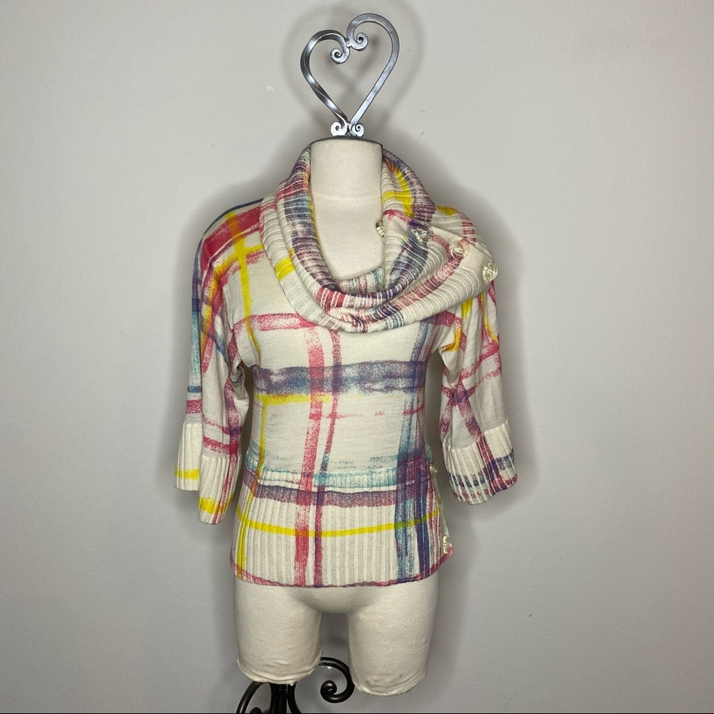 Anthropologie Moth 💯 Wool Plaid Rainbow Cowl Neck Sweater